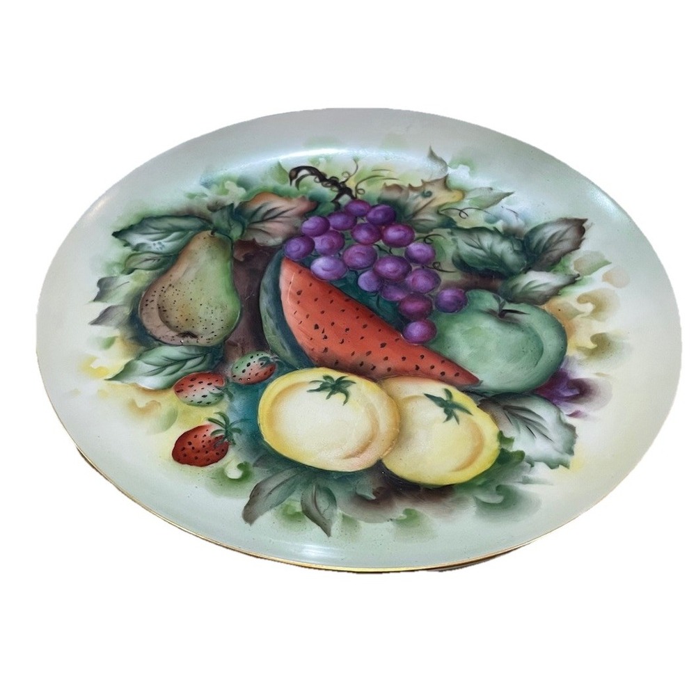 Vintage Fruit Handpainted Signed Hanging Wall Plate Gold Trim Copper Wire Hanger